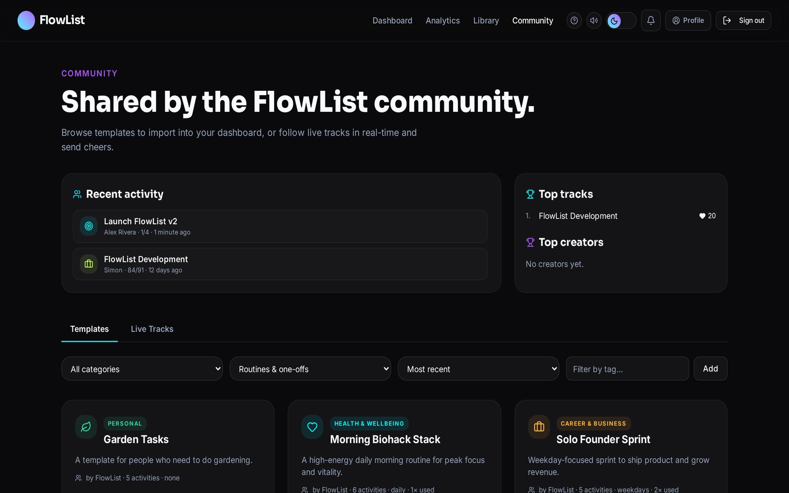 FlowList community page listing shared templates and live tracks from other members