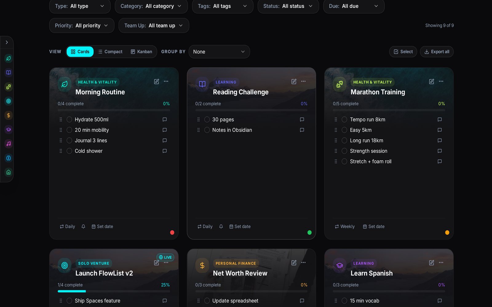 FlowList dashboard showing track cards for morning routine, reading and marathon training with progress bars