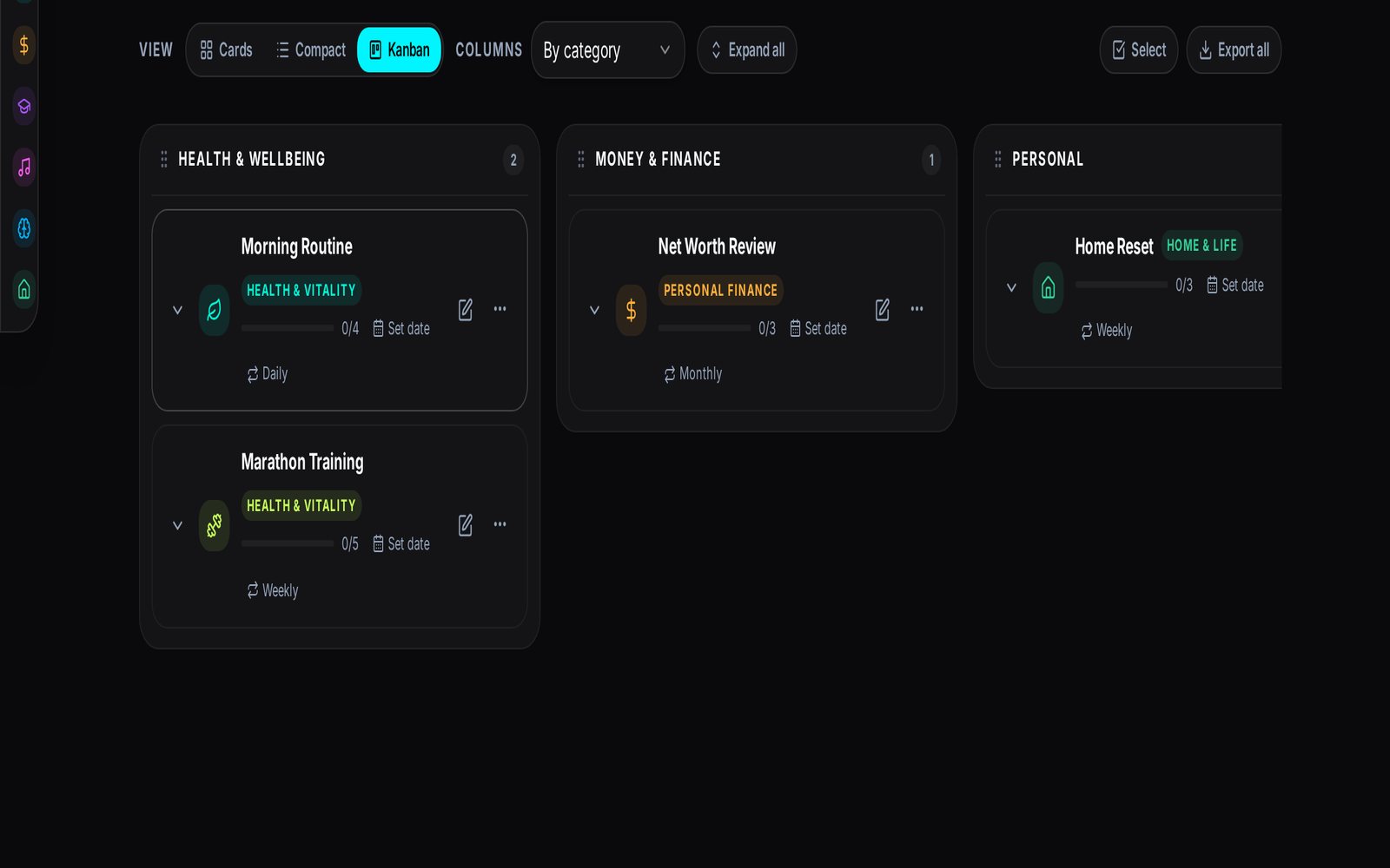 FlowList Kanban board grouping tracks into Health, Money and Personal columns